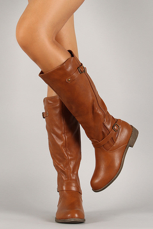 Buckle Round Toe Riding Mid Calf Boot