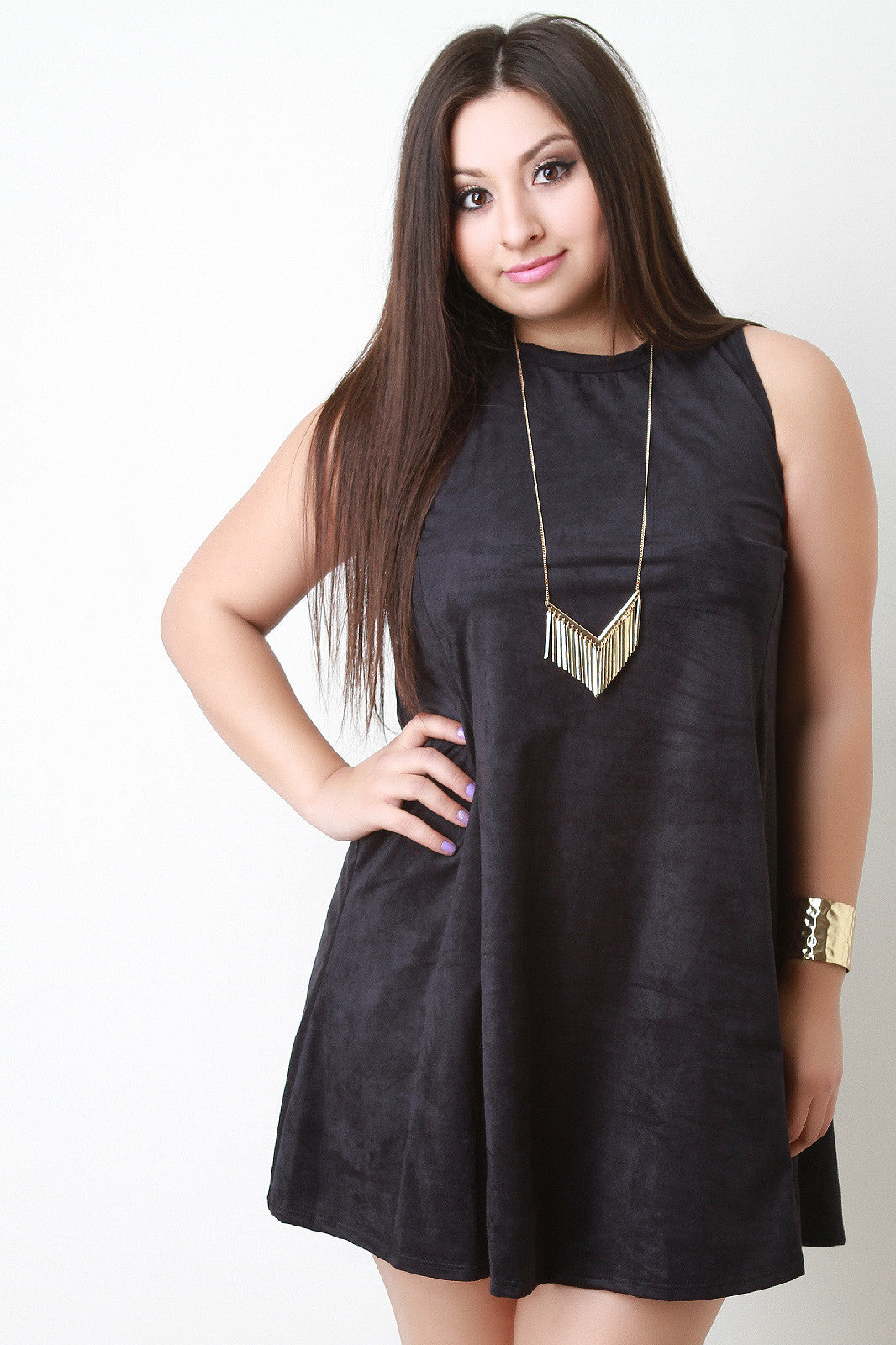 Sleeveless Vegan Suede Trapeze Dress