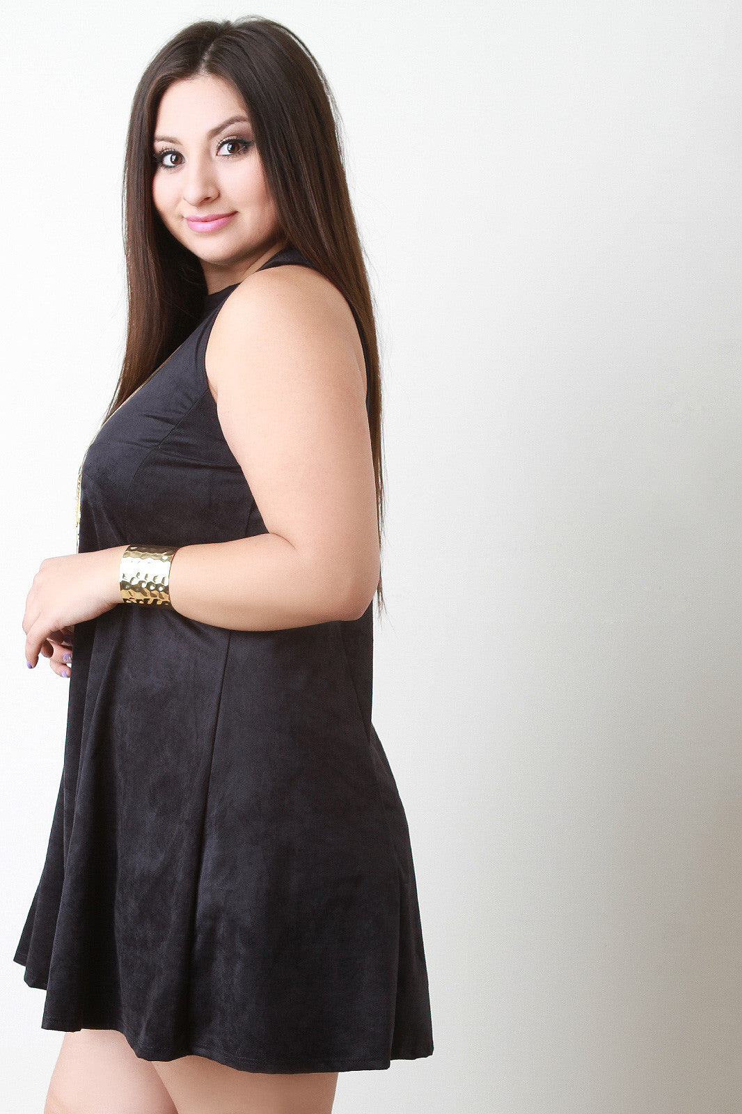 Sleeveless Vegan Suede Trapeze Dress