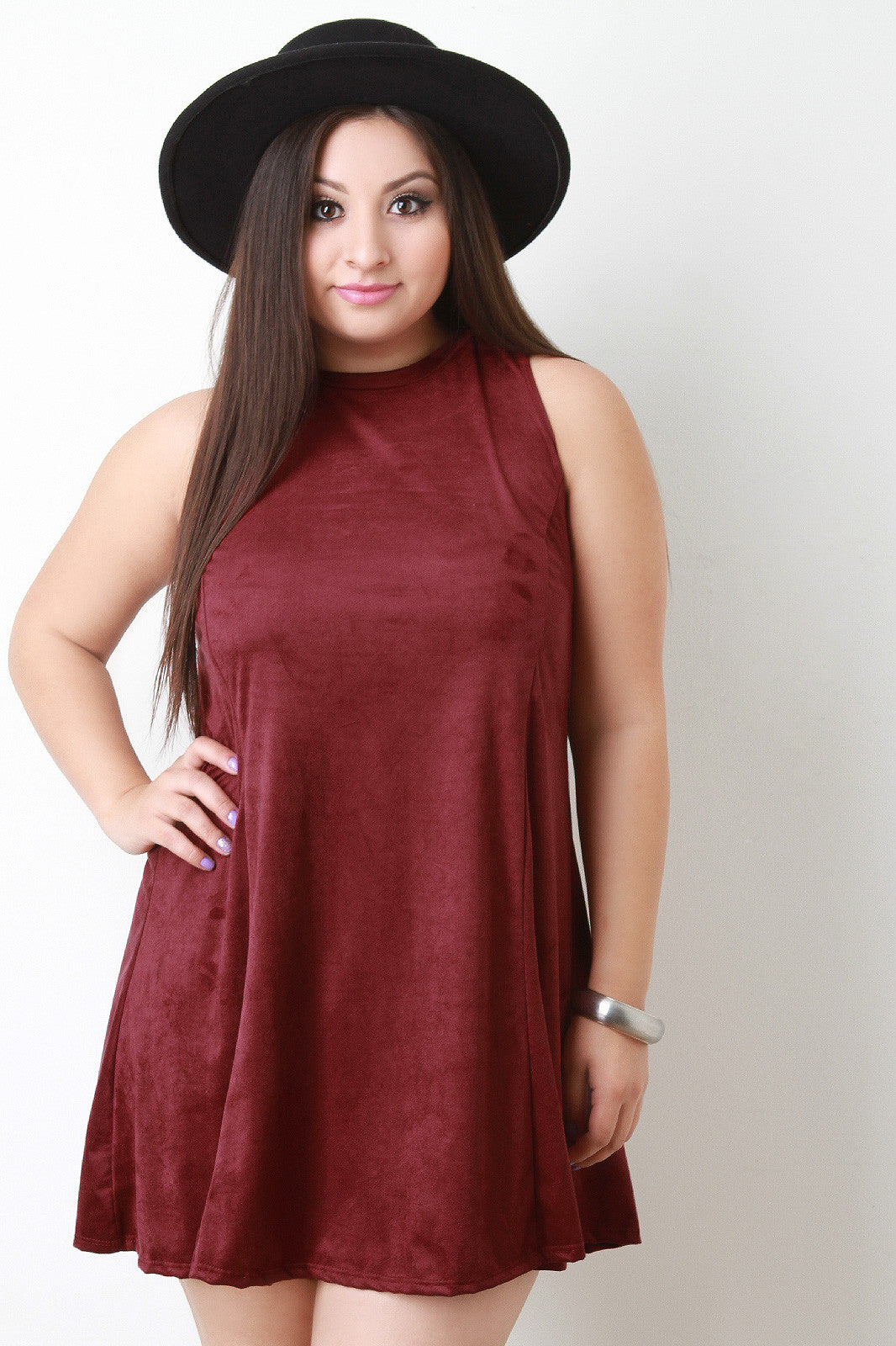 Sleeveless Vegan Suede Trapeze Dress