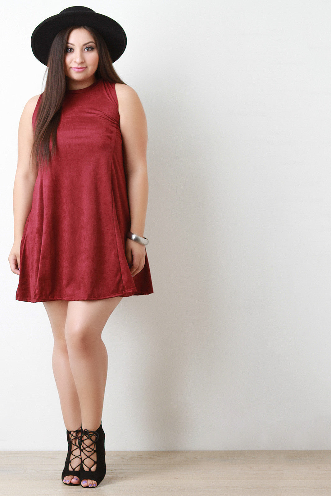 Sleeveless Vegan Suede Trapeze Dress