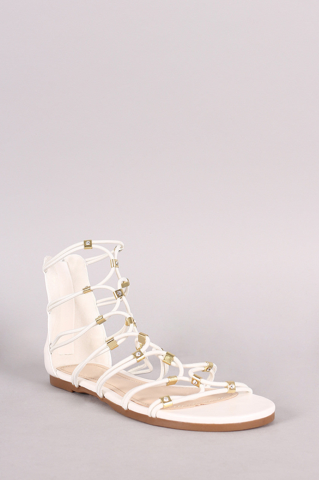 Bamboo Strappy Hardware Leather Flat Sandal