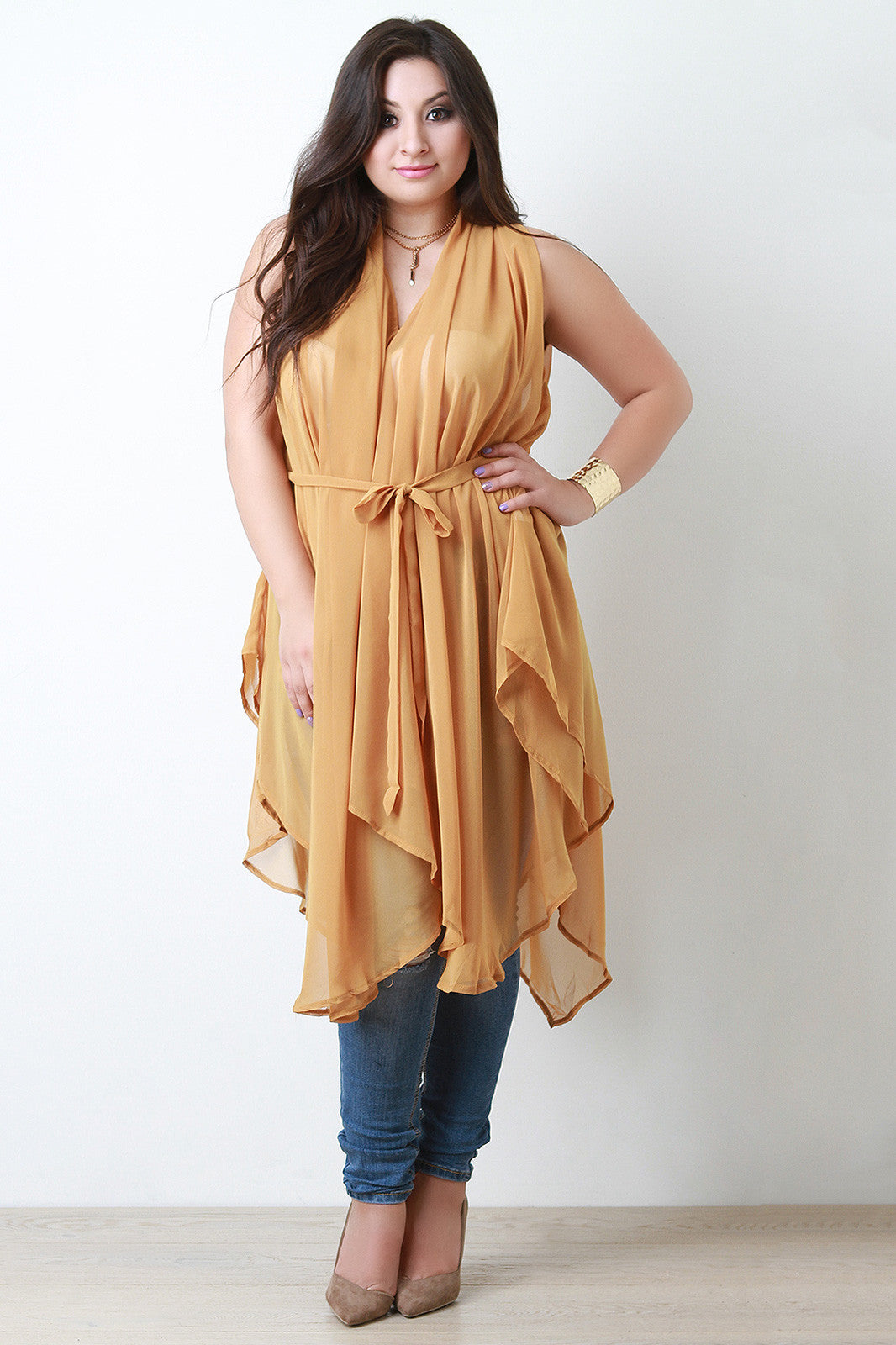 Chiffon Sleeveless Sharkbite Tie Waist Tunic Top