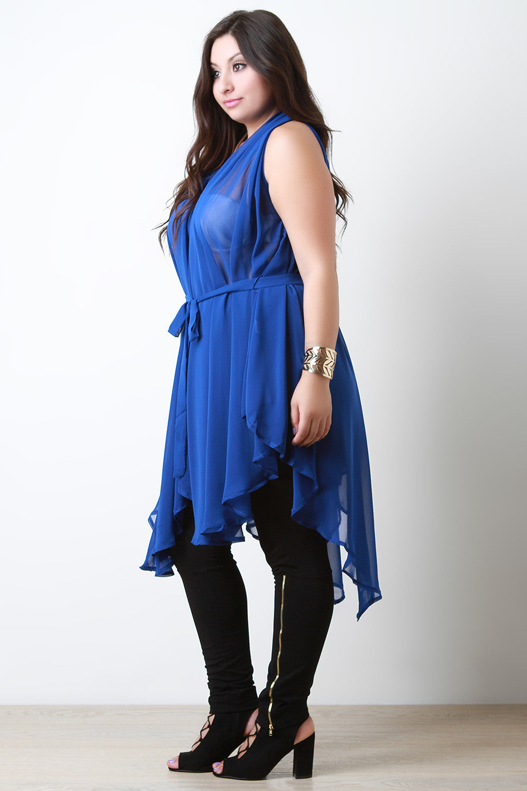 Chiffon Sleeveless Sharkbite Tie Waist Tunic Top
