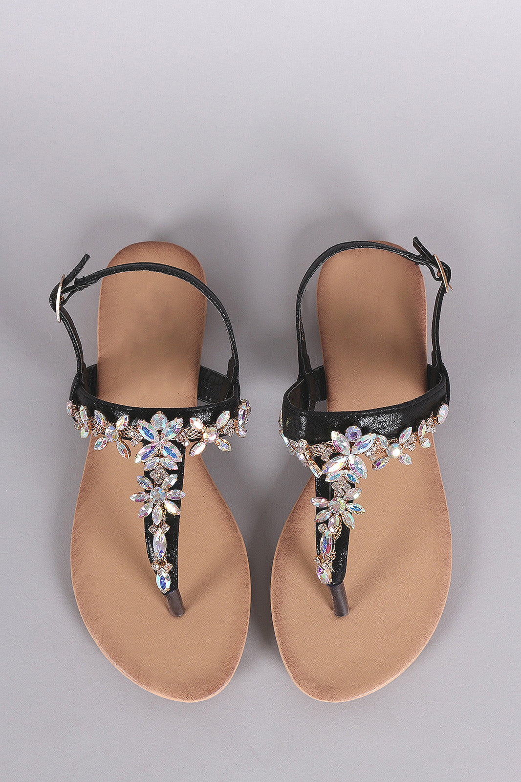Cluster Jeweled T-Strap Slingback Thong Flat Sandal