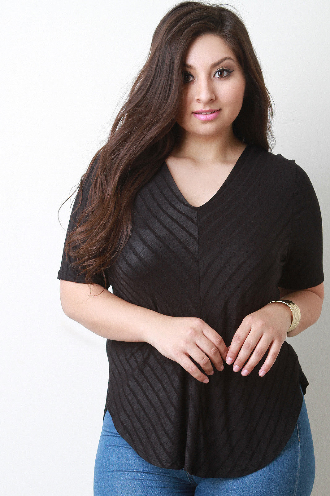 Ribbed Knit V-Neck Short Sleeve Top