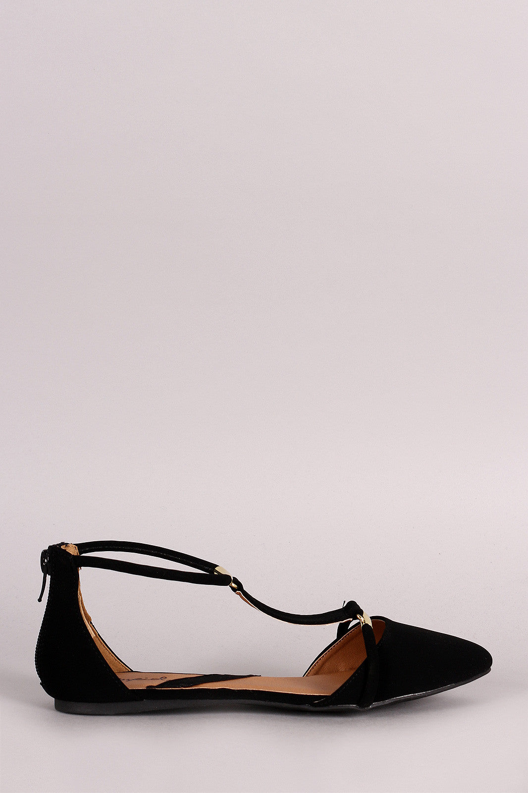 Qupid Nubuck Gold-Plated Hardware Embellished Pointy Toe Flat