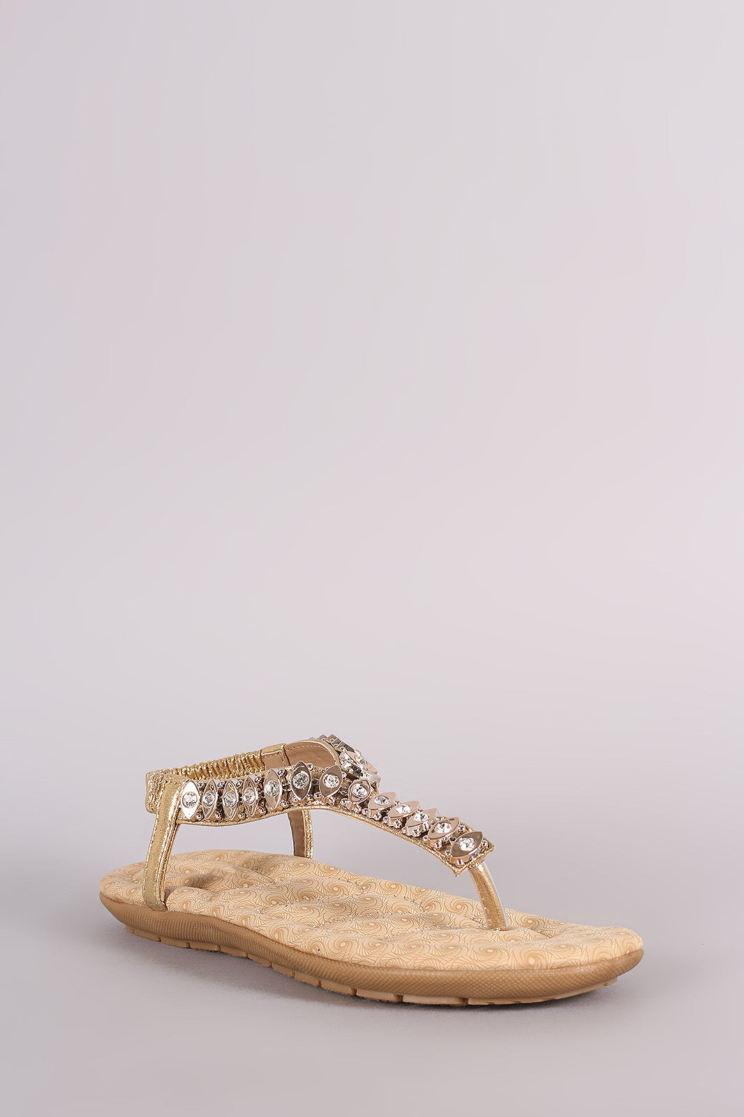 Rhinestone T-Strap Elasticized Slingback Flat Sandal