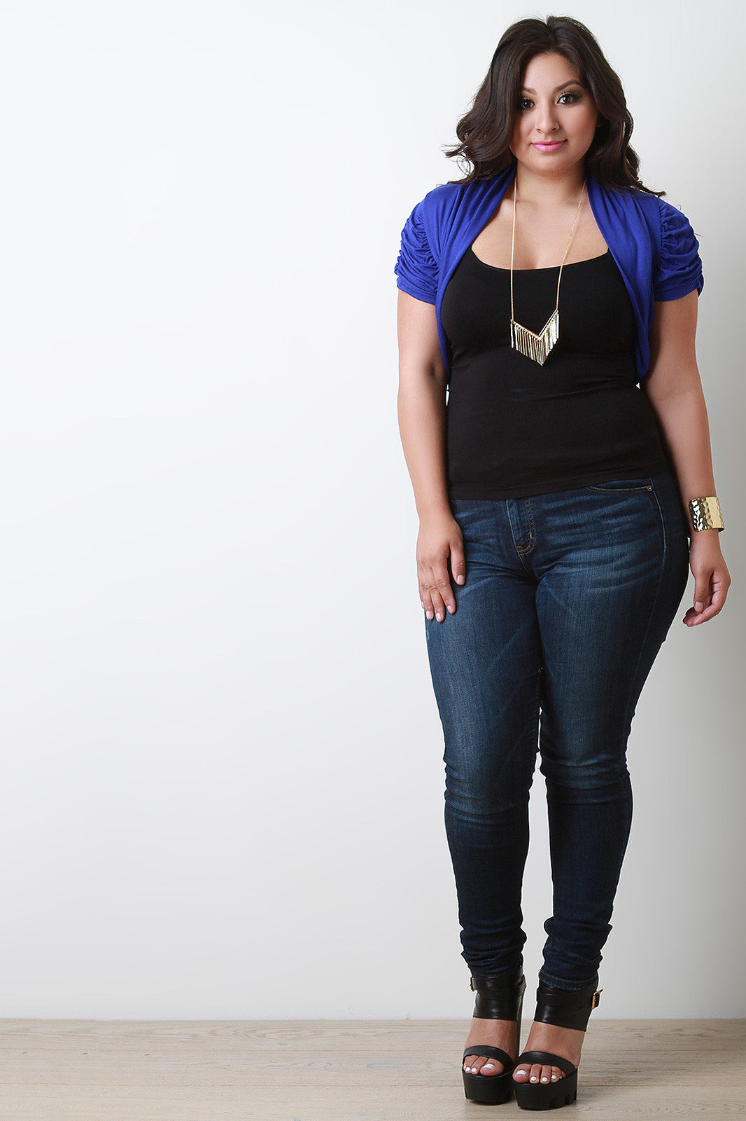Shawl Collar Ruched Sleeve Open Front Bolero