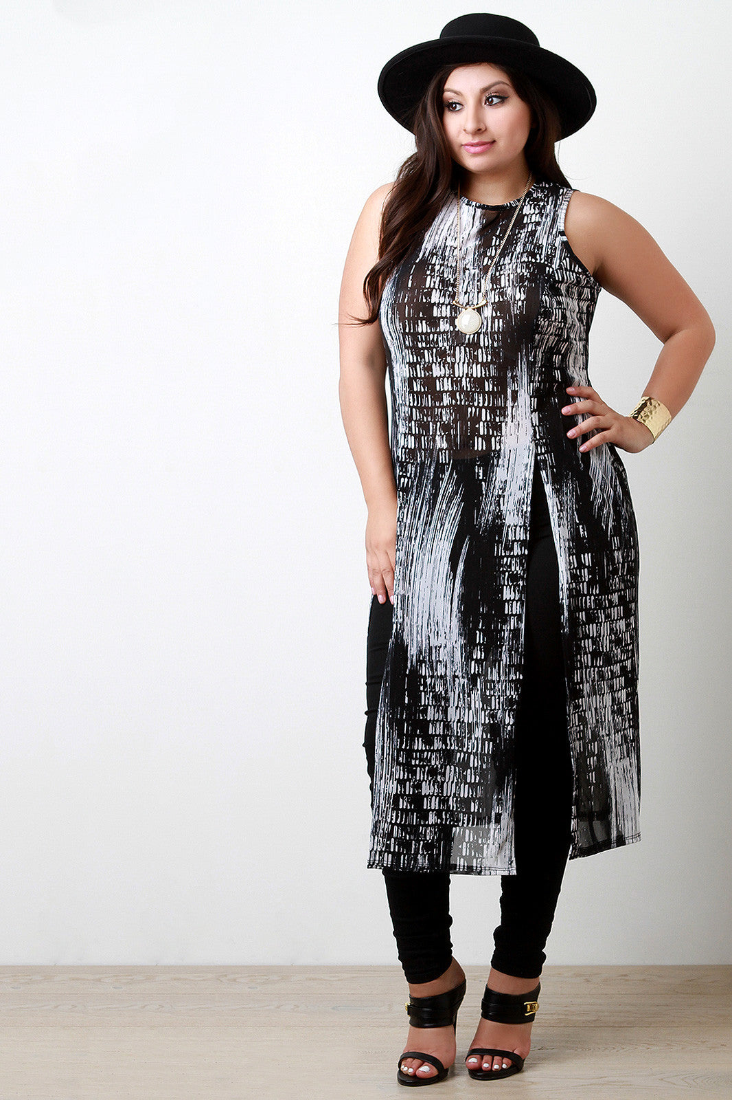 Printed Semi-Sheer Mesh High Slit Maxi Top