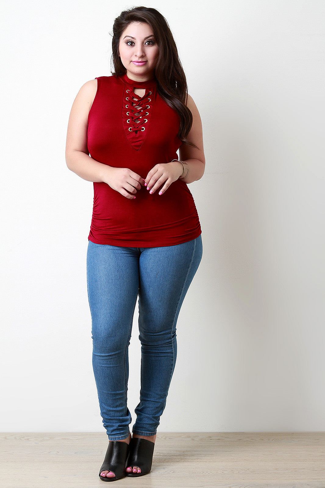 Mock Neck Corset Lace Up Sleeveless Top