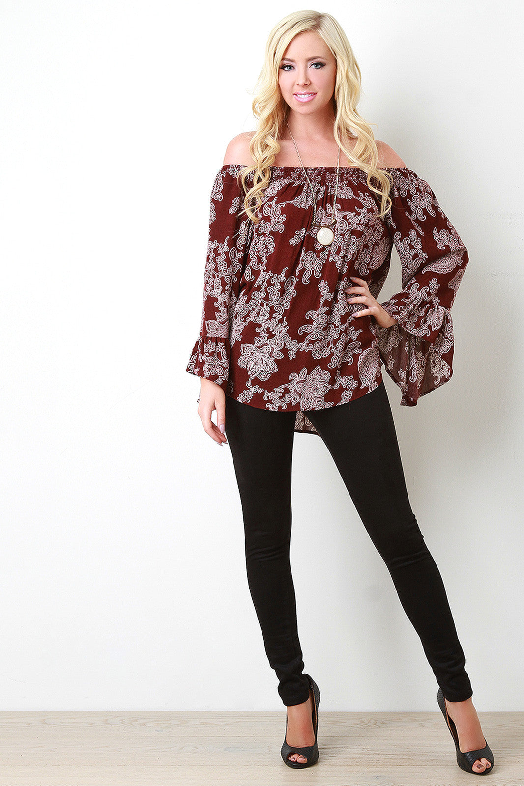 Bell Sleeve Off The Shoulder Paisley Print Top