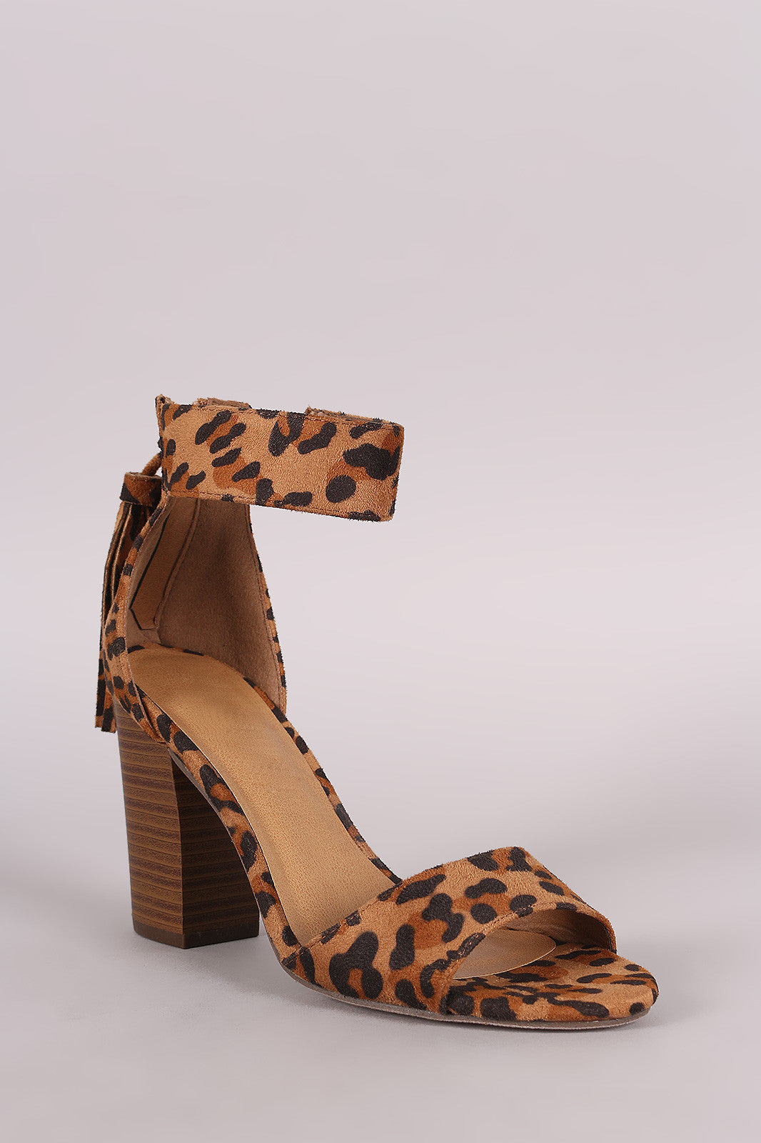 Breckelle Leopard Tassel Ankle Cuff Open Toe Chunky Heel