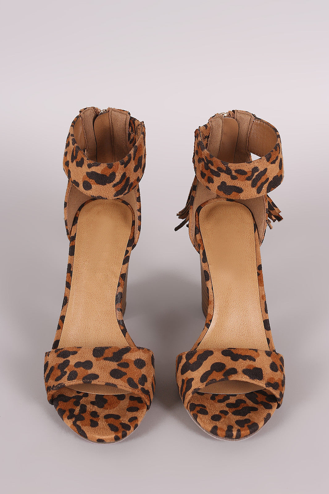 Breckelle Leopard Tassel Ankle Cuff Open Toe Chunky Heel