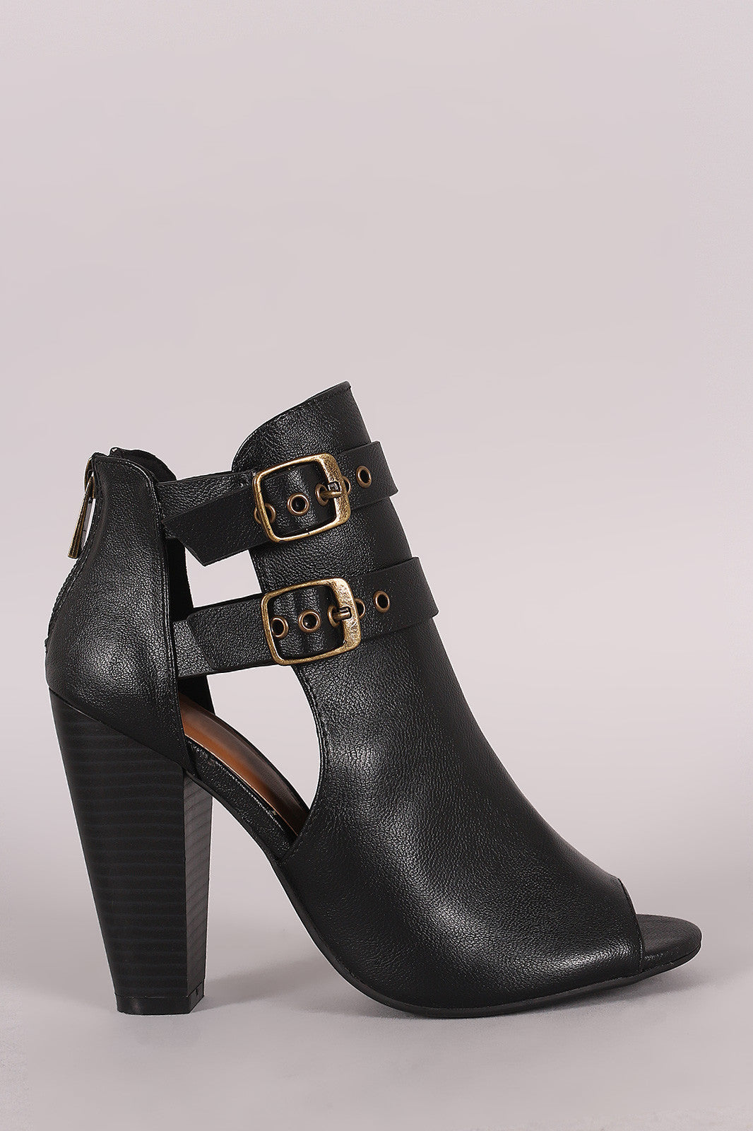 Bamboo Open Side Double Buckled Chunky Heeled Ankle Boots
