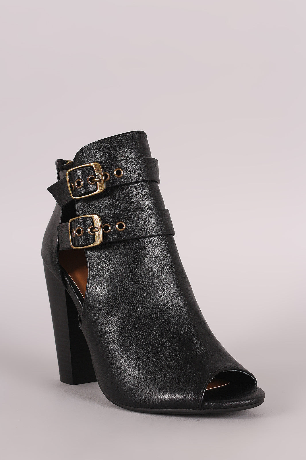 Bamboo Open Side Double Buckled Chunky Heeled Ankle Boots