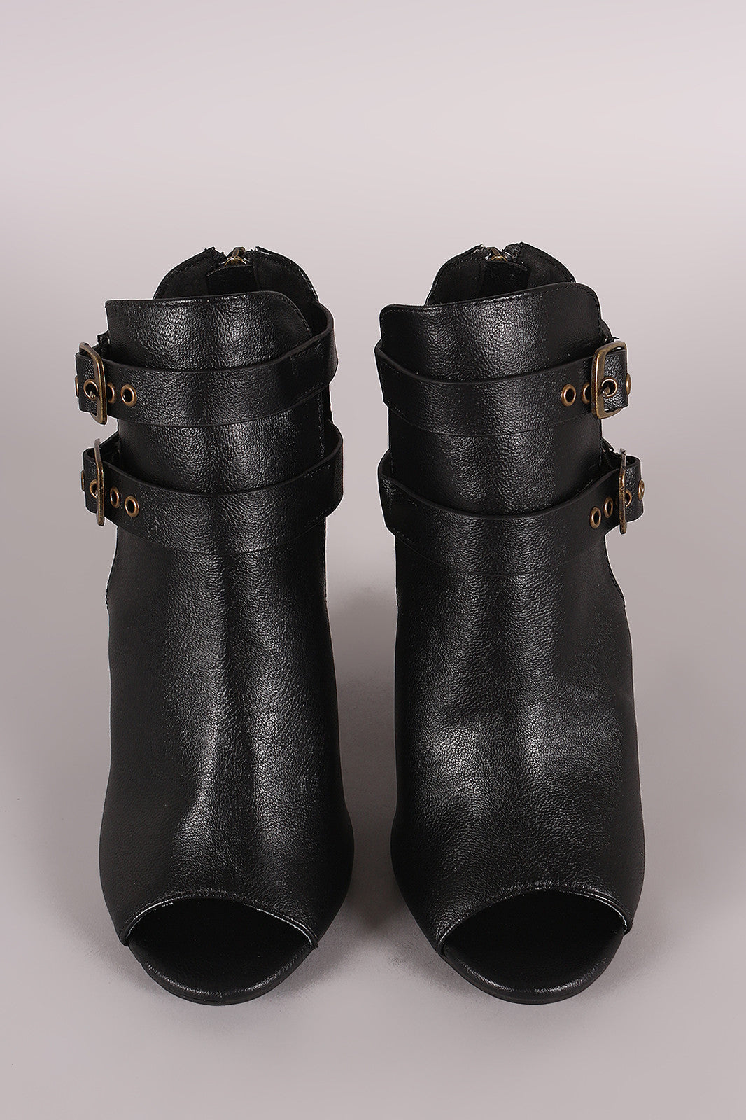 Bamboo Open Side Double Buckled Chunky Heeled Ankle Boots