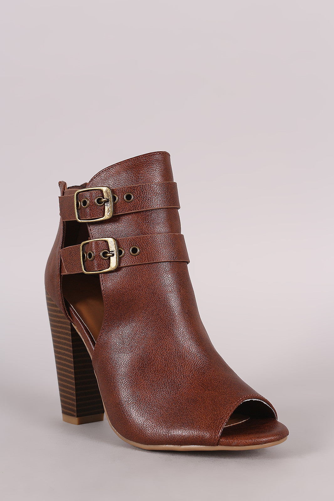 Bamboo Open Side Double Buckled Chunky Heeled Ankle Boots