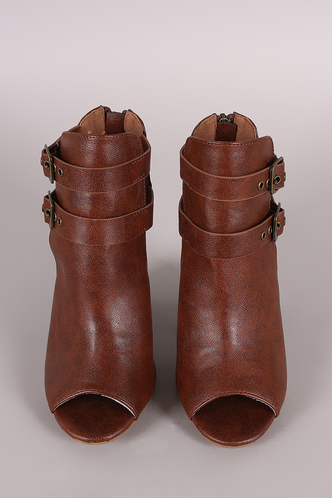Bamboo Open Side Double Buckled Chunky Heeled Ankle Boots