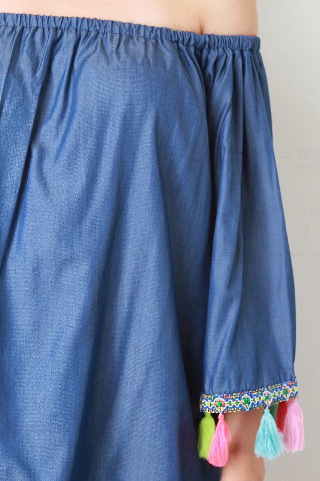 Chambray Bardot Neon Tassel Shift Dress