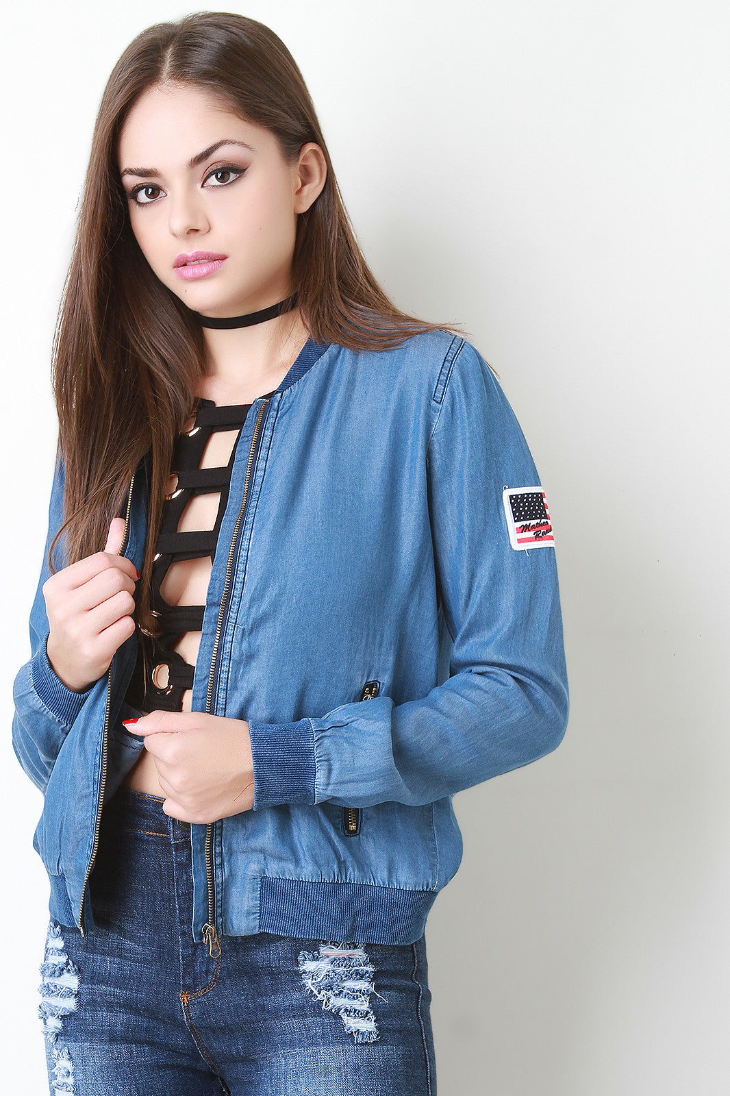 Chambray Denim Patch Bomber Jacket