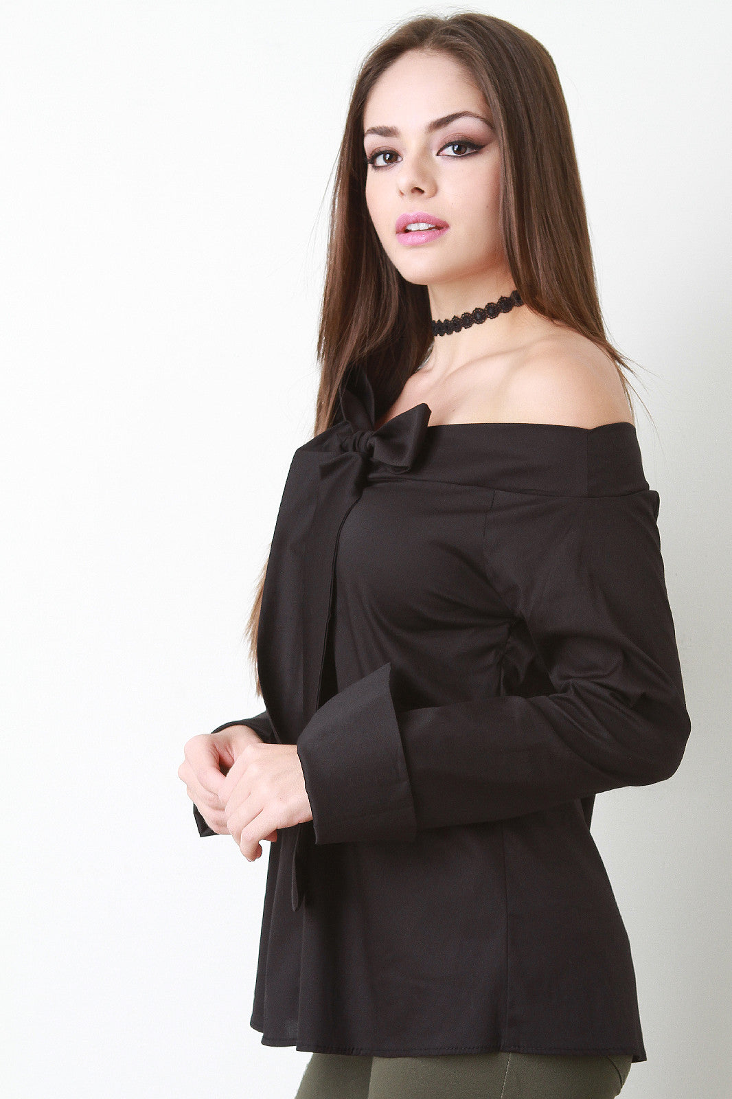 Bow Tie Button Up Bardot Top