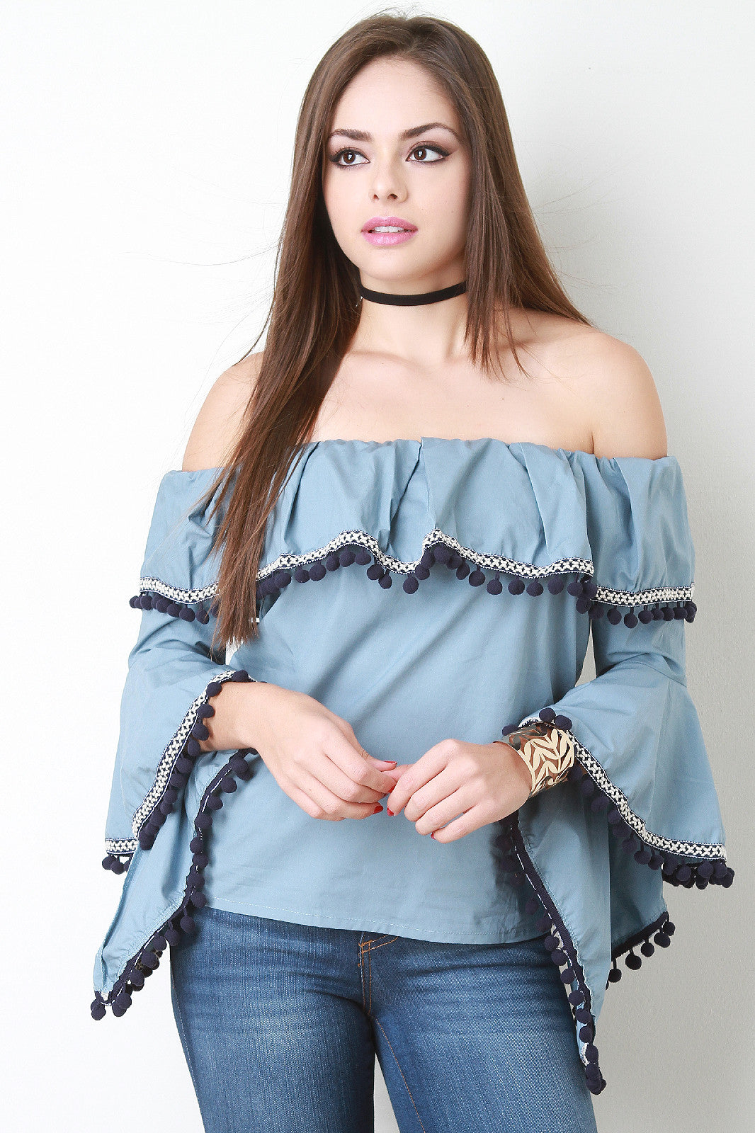 Bell Sleeve Pom Pom Bardot Top