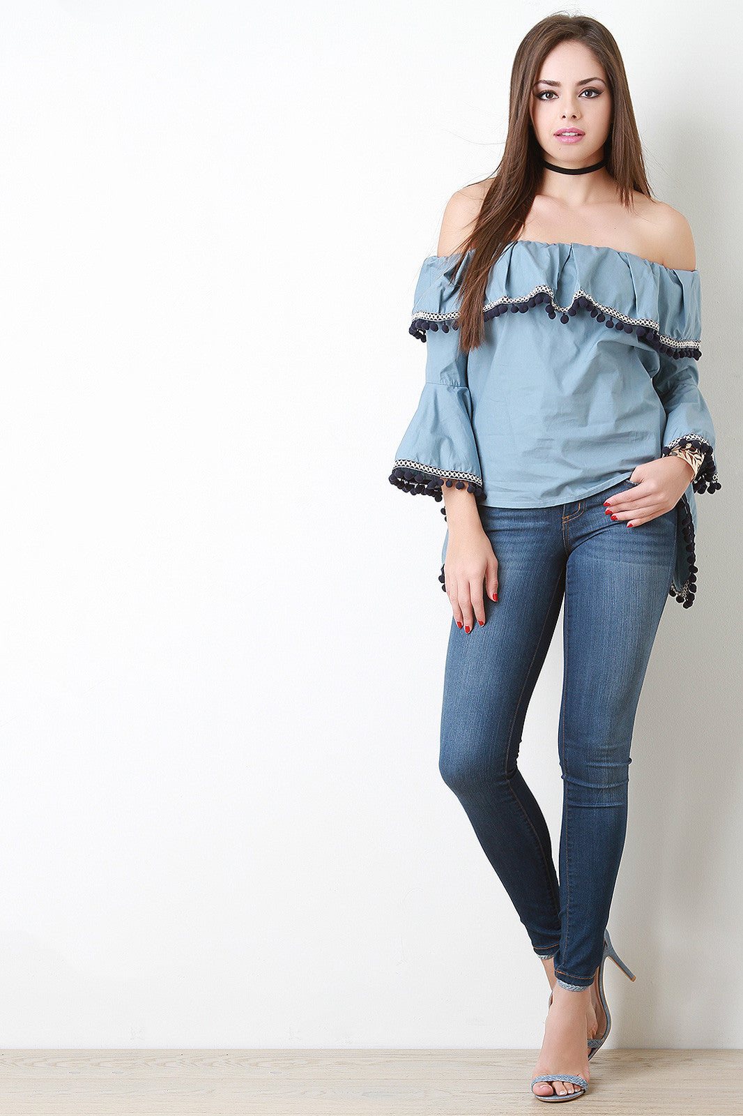 Bell Sleeve Pom Pom Bardot Top