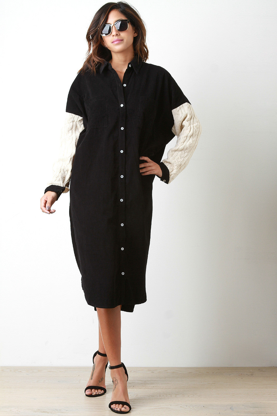 Cable Knit Sleeve Corduroy Button Up Tunic