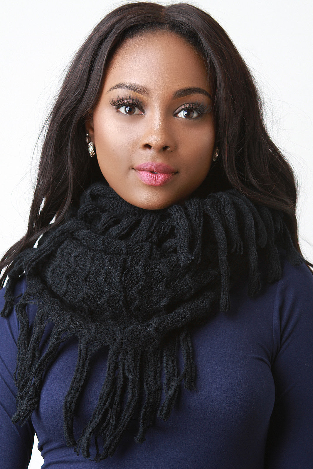 Zig Zag Textured Knit Fringe Infinity Scarf
