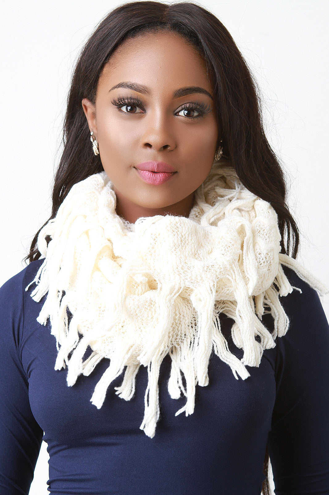 Zig Zag Textured Knit Fringe Infinity Scarf