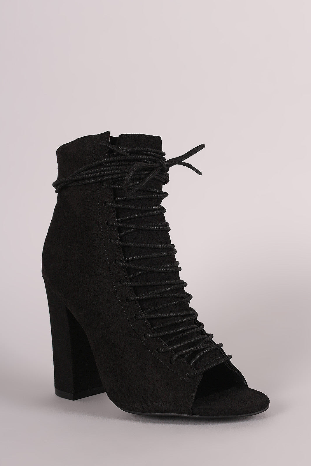 Bamboo Suede Lace-Up Ankle Tie Chunky Heeled Booties