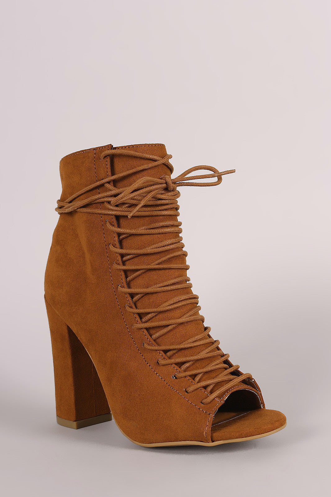 Bamboo Suede Lace-Up Ankle Tie Chunky Heeled Booties