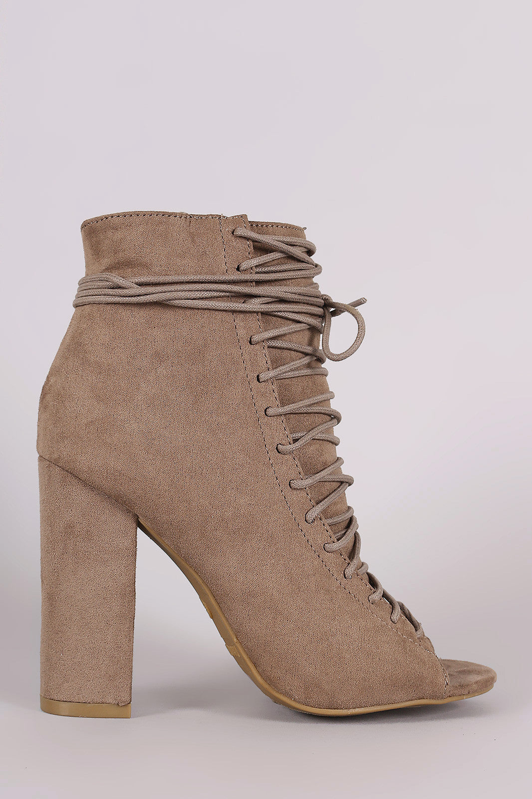 Bamboo Suede Lace-Up Ankle Tie Chunky Heeled Booties