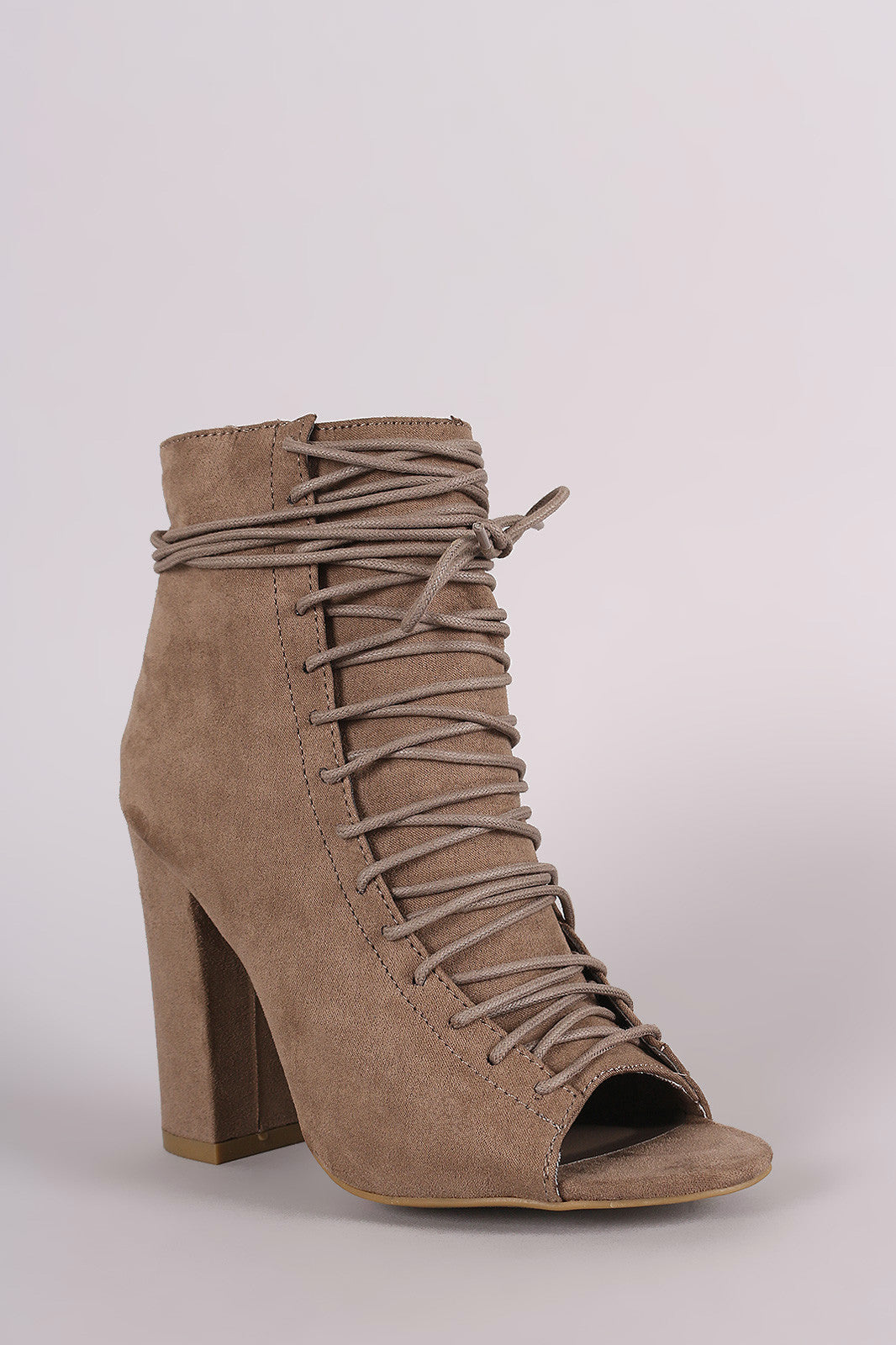 Bamboo Suede Lace-Up Ankle Tie Chunky Heeled Booties