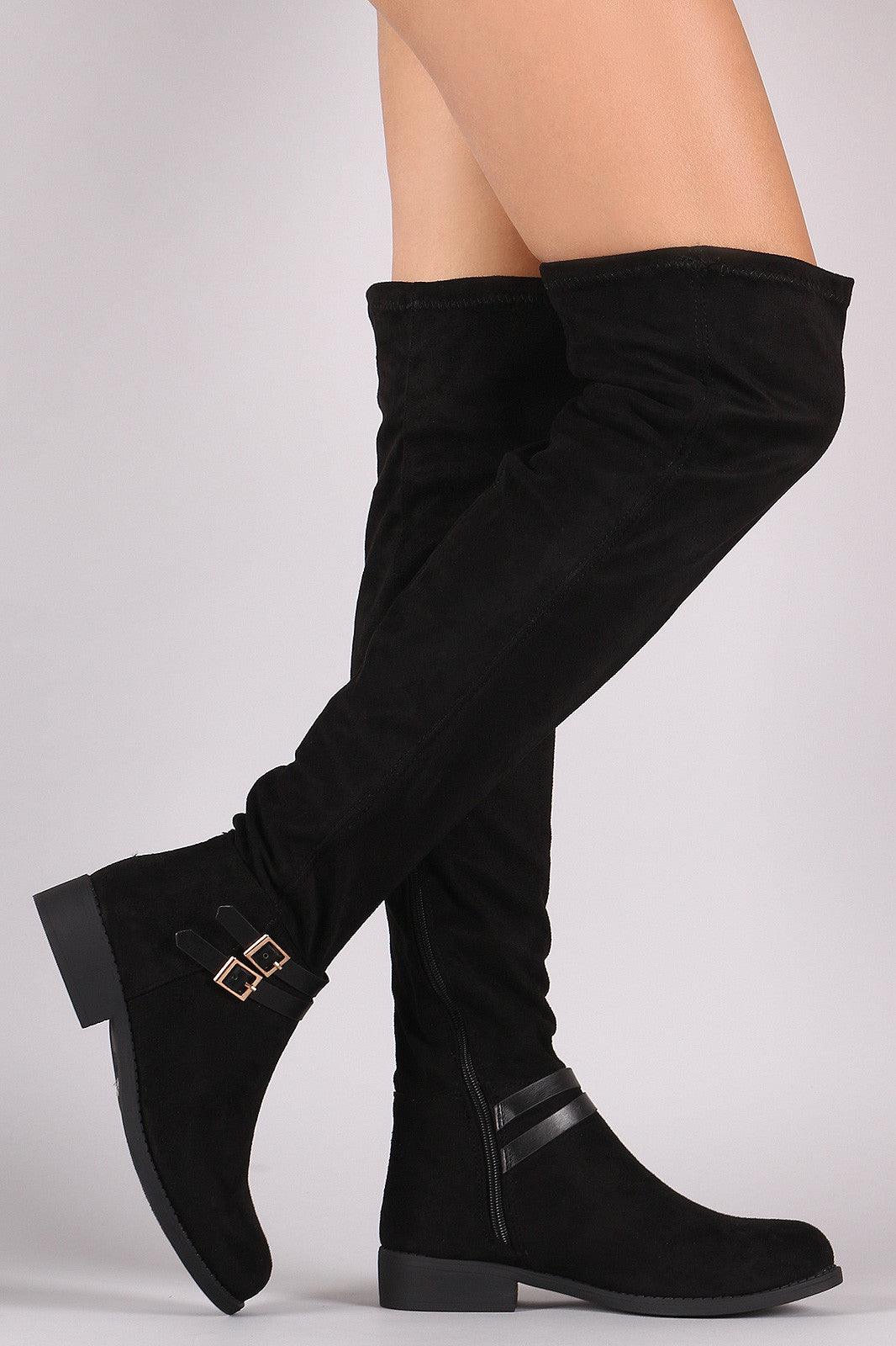 Bamboo Suede Buckled Riding Over-The-Knee Boots