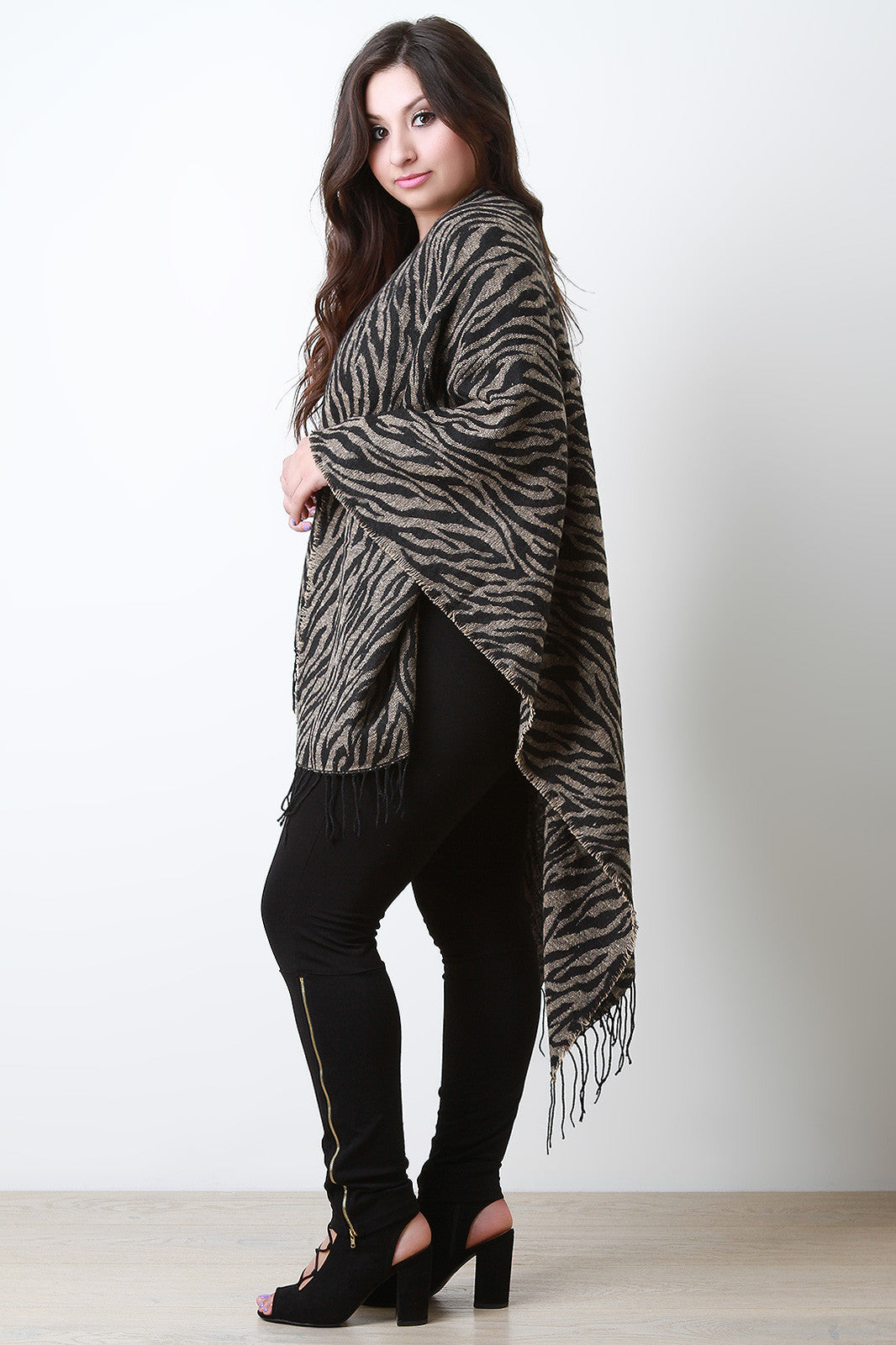 Woven Zebra Pattern Fringe Hem Poncho