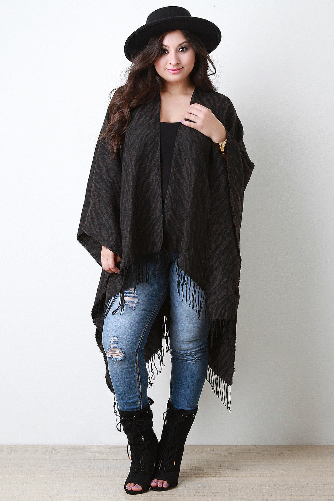 Woven Zebra Pattern Fringe Hem Poncho