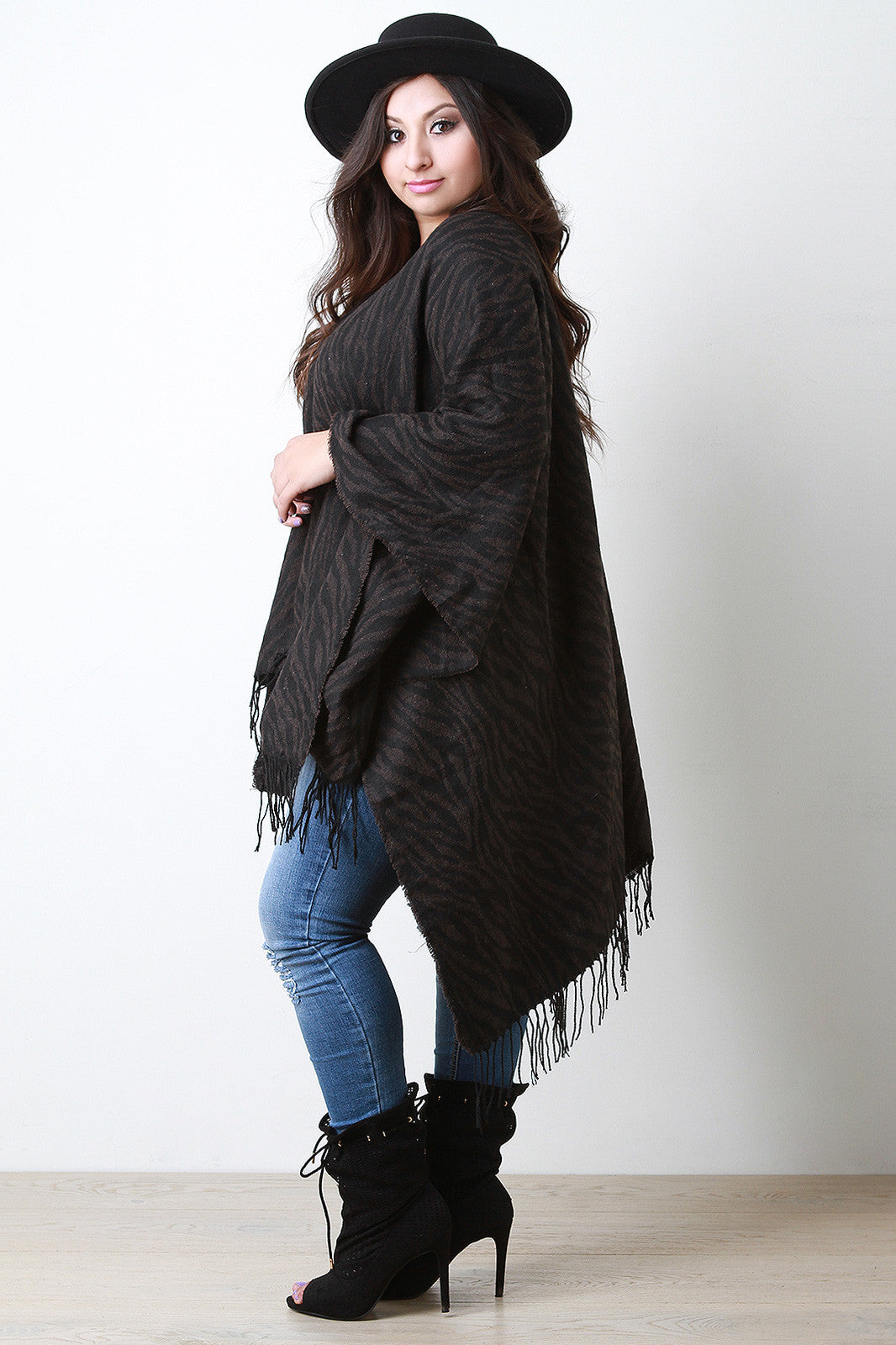 Woven Zebra Pattern Fringe Hem Poncho