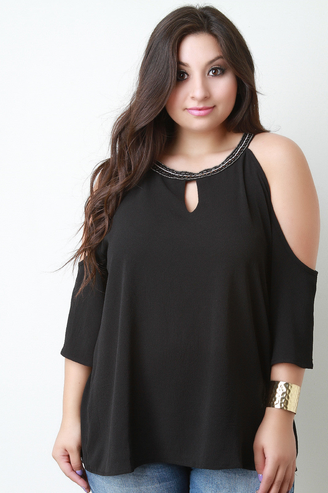 Beaded Neckline Cold Shoulder Blouse