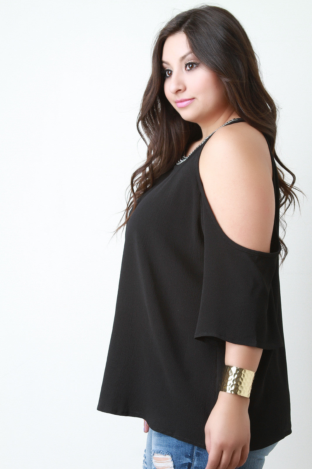 Beaded Neckline Cold Shoulder Blouse