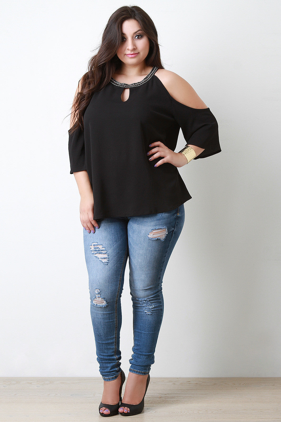 Beaded Neckline Cold Shoulder Blouse