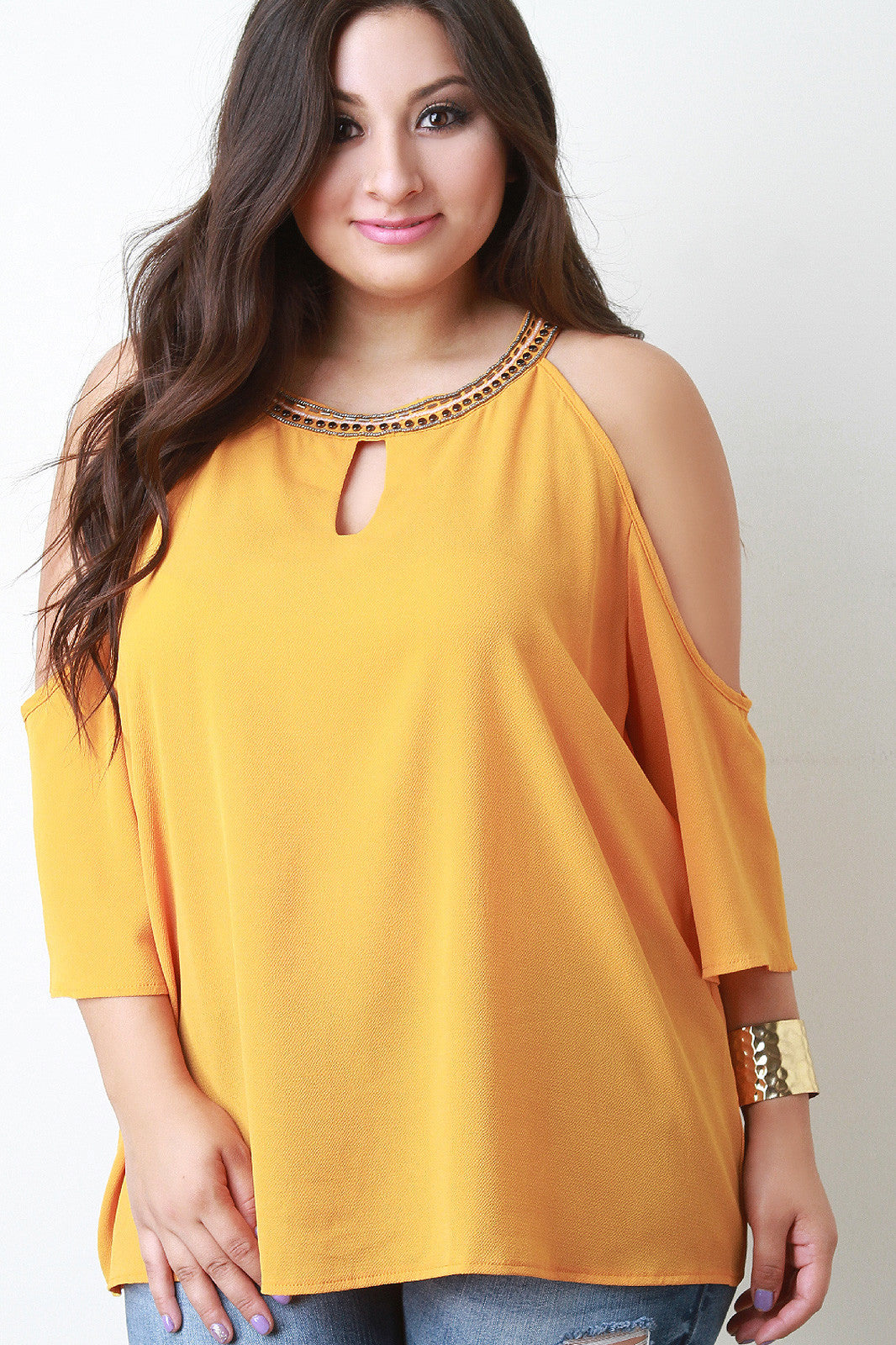 Beaded Neckline Cold Shoulder Blouse