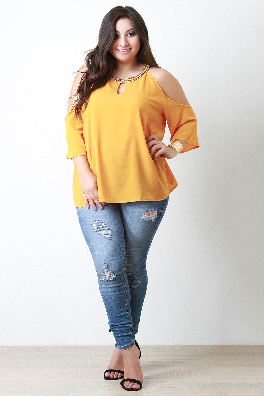 Beaded Neckline Cold Shoulder Blouse