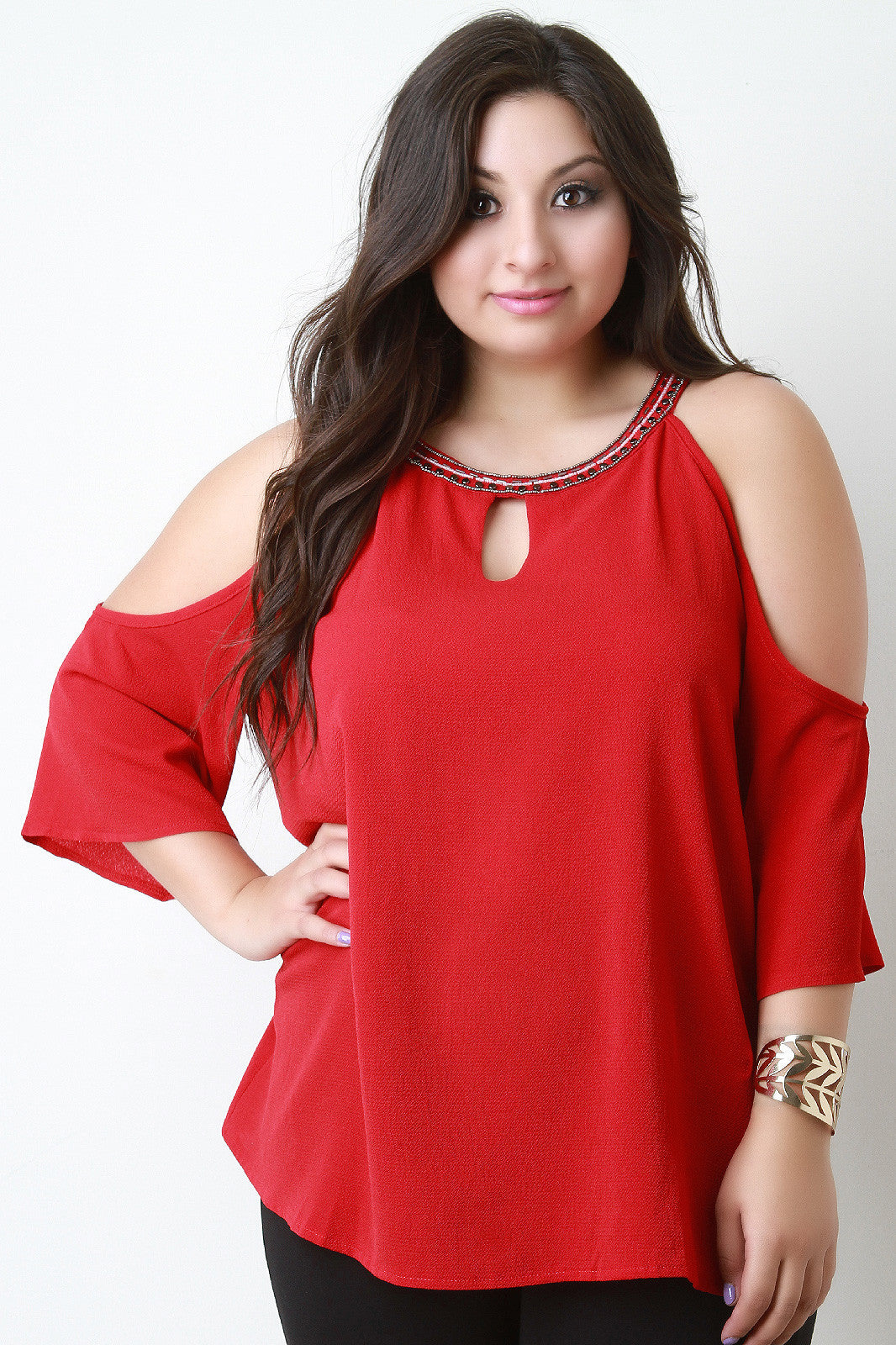 Beaded Neckline Cold Shoulder Blouse