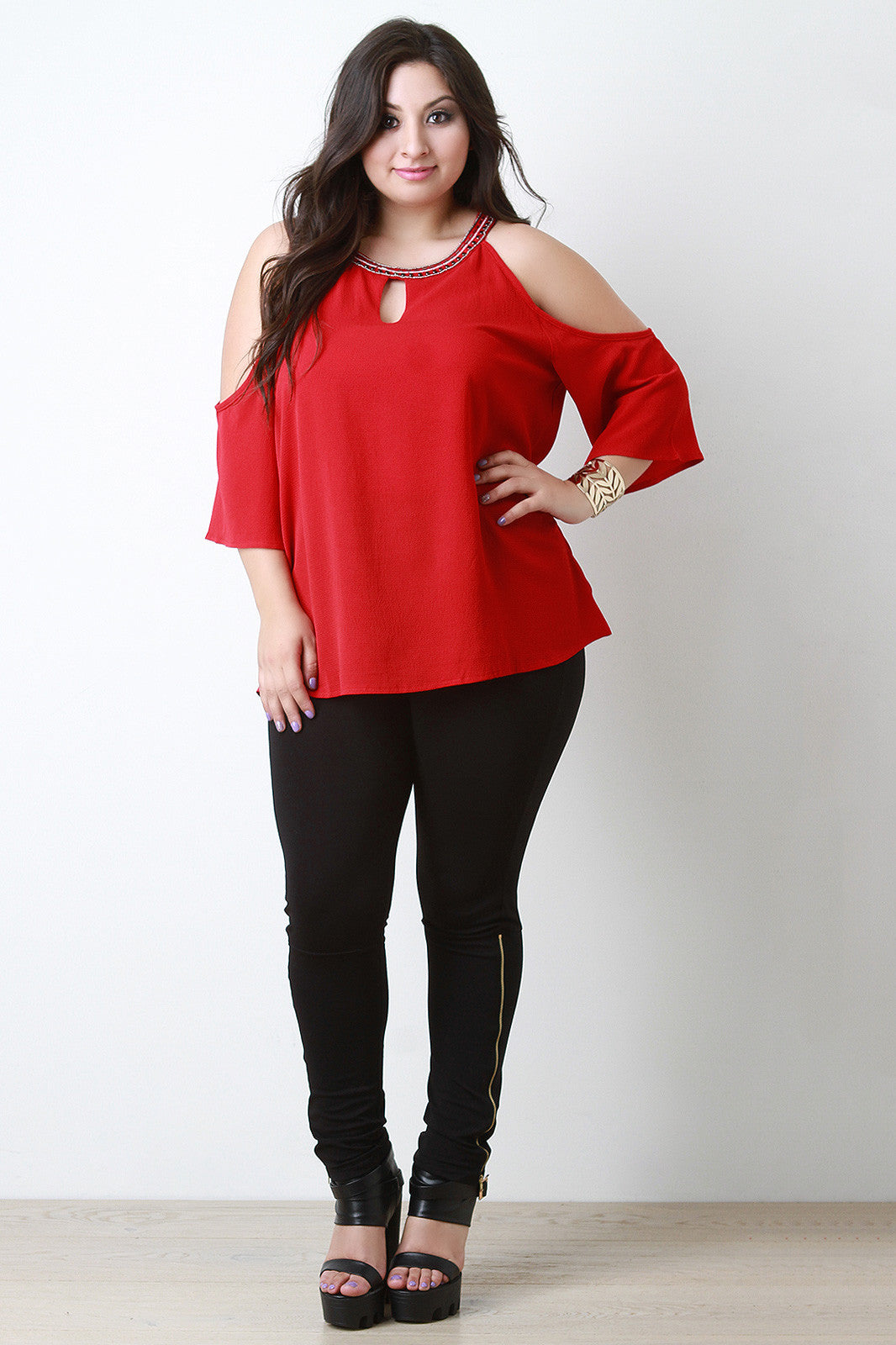 Beaded Neckline Cold Shoulder Blouse