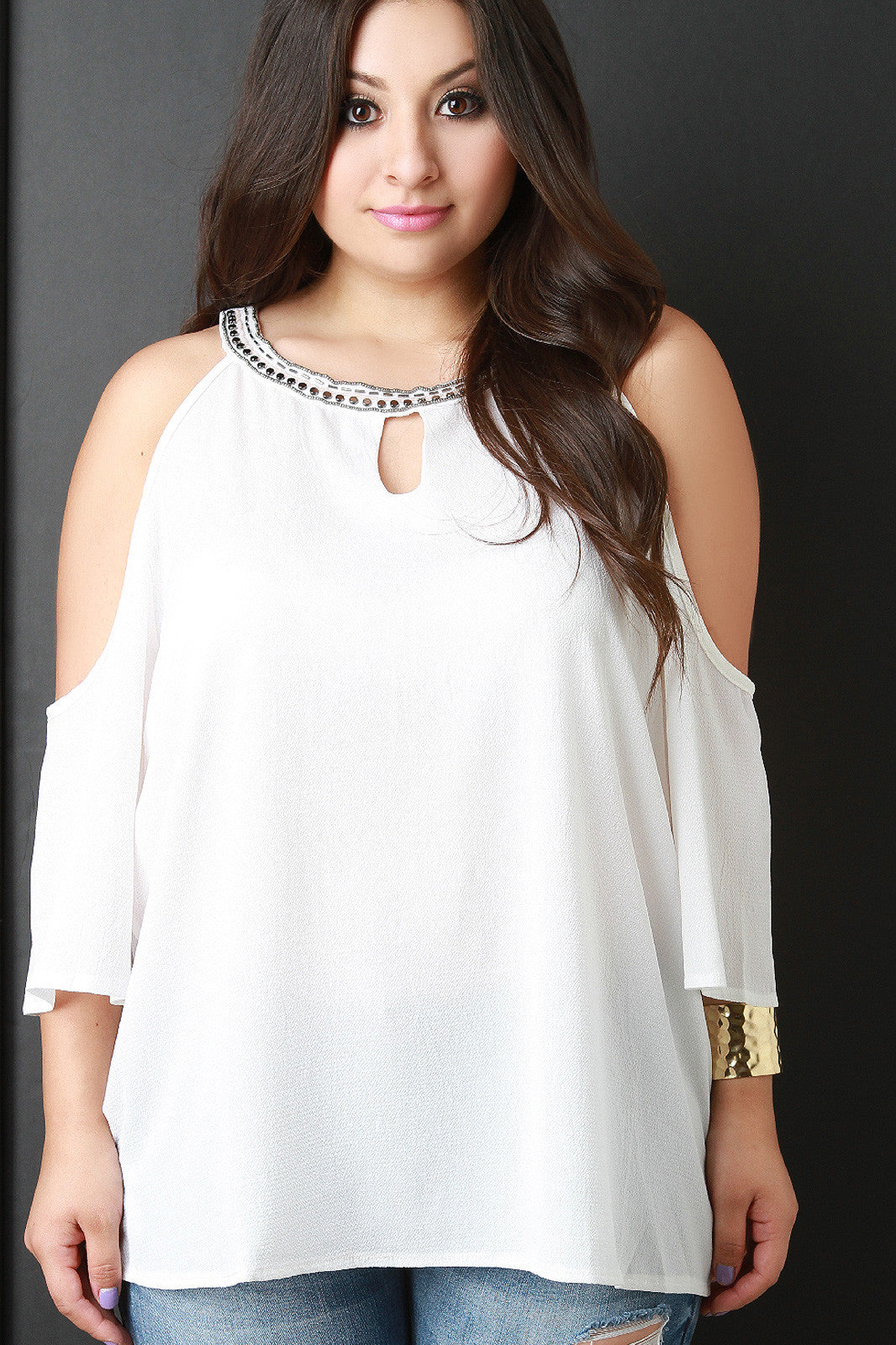 Beaded Neckline Cold Shoulder Blouse