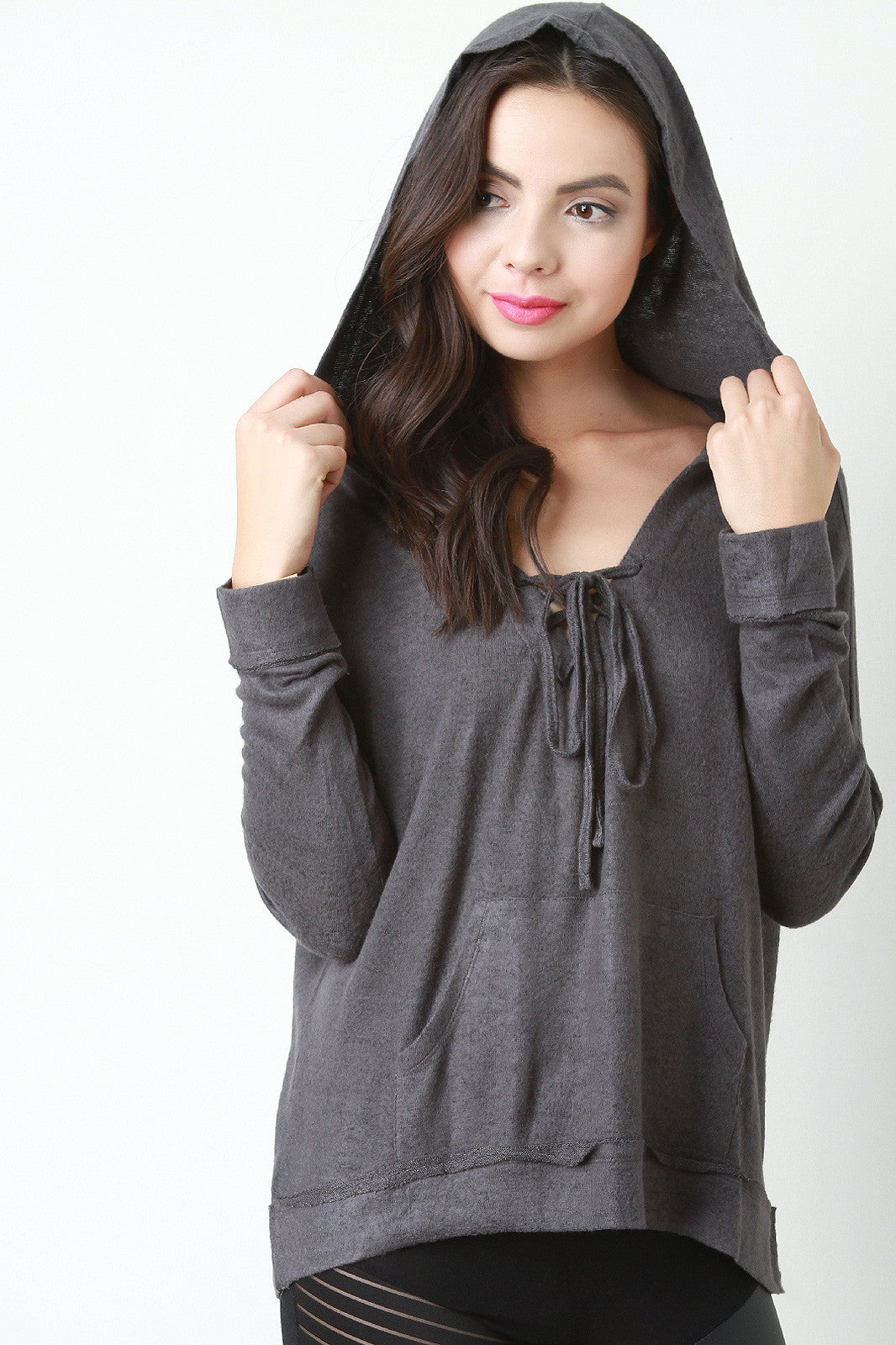 Boxy Lace Up Neckline Pull Over Sweater