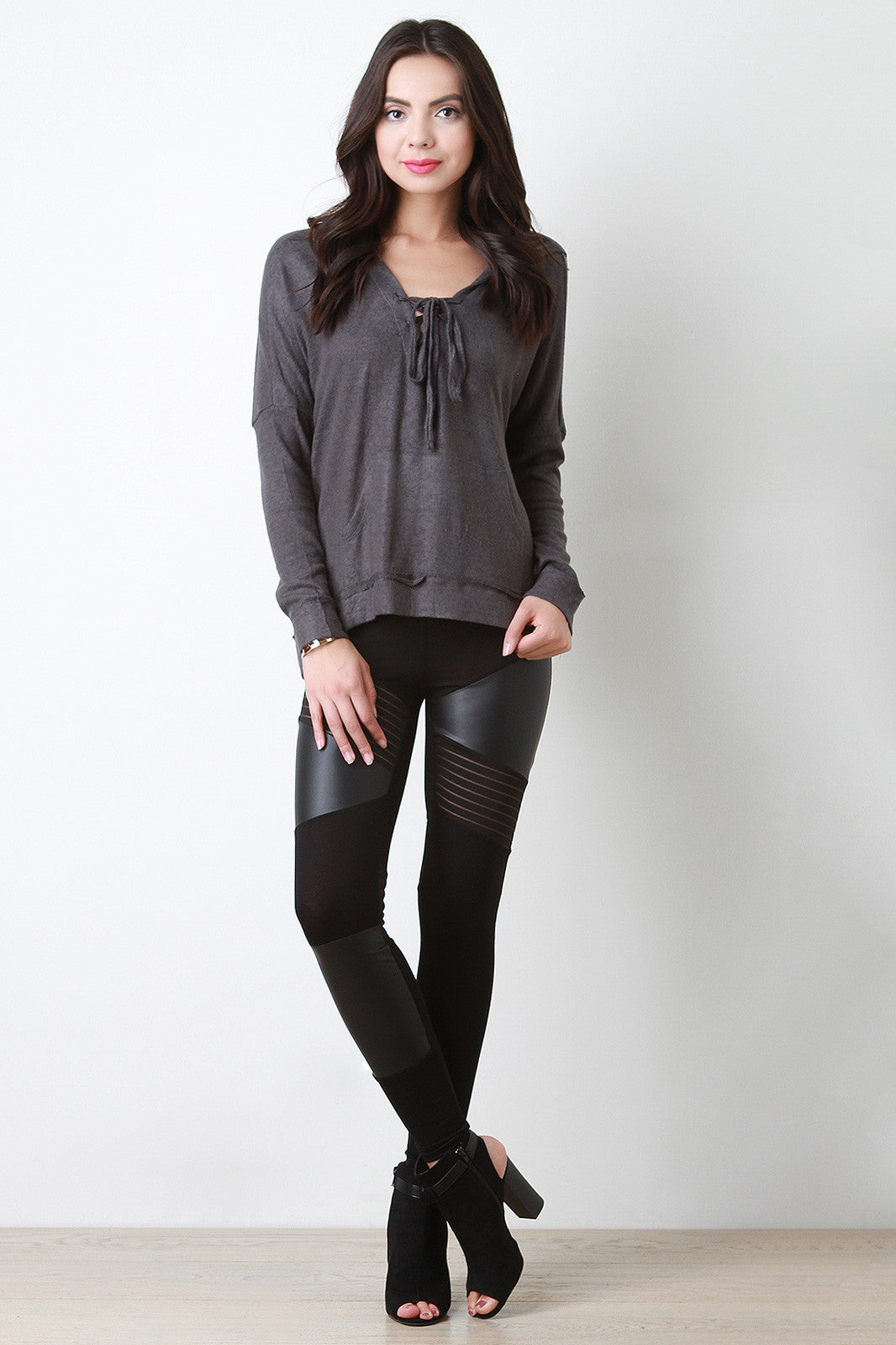 Boxy Lace Up Neckline Pull Over Sweater