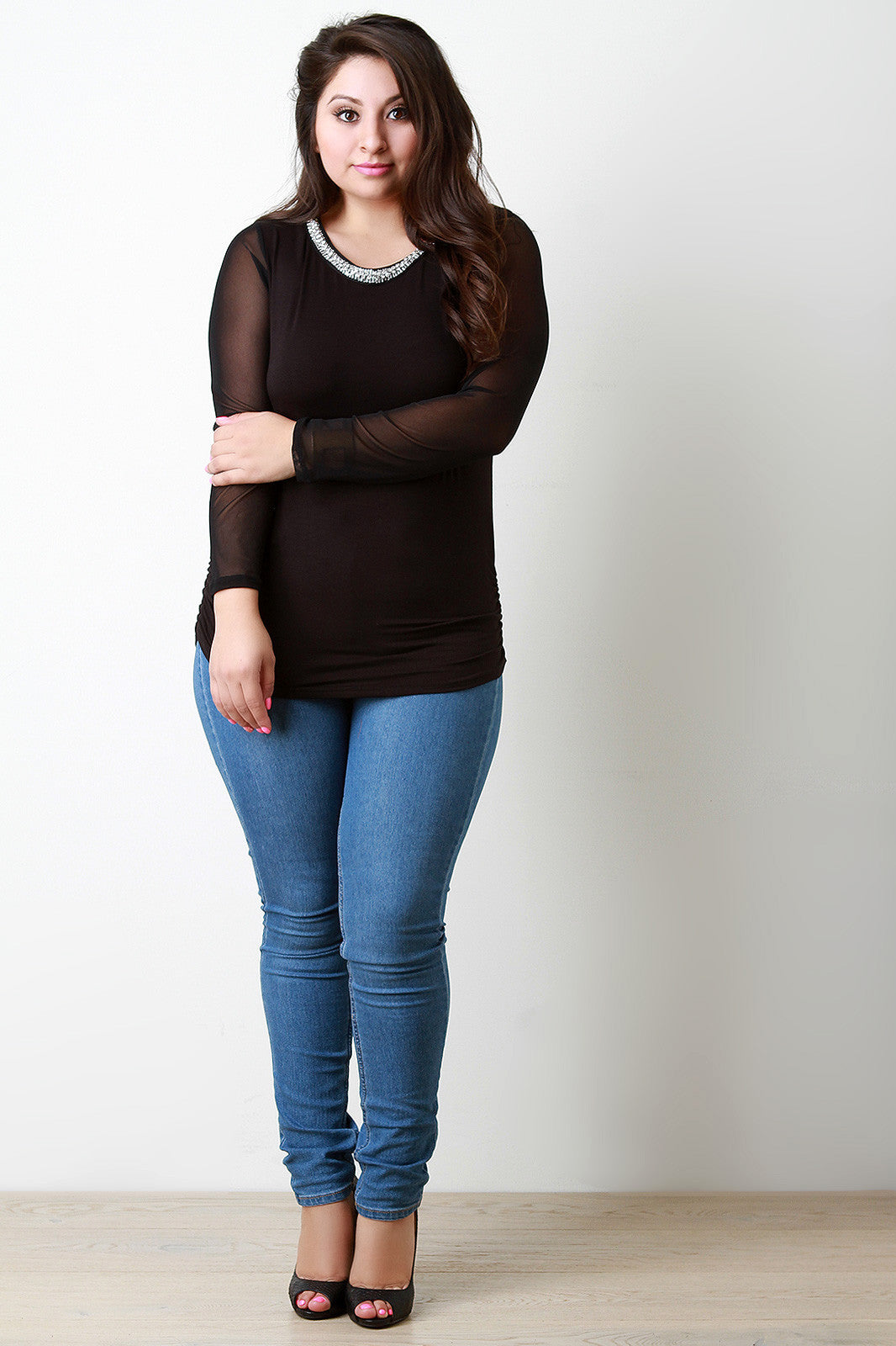 Crystals and Beads Round Neck Mesh Sleeves Top